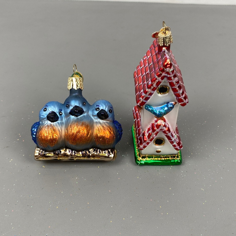 Old World Christmas Glass Ornaments Birdhouse and Three Bluebirds Set of 2